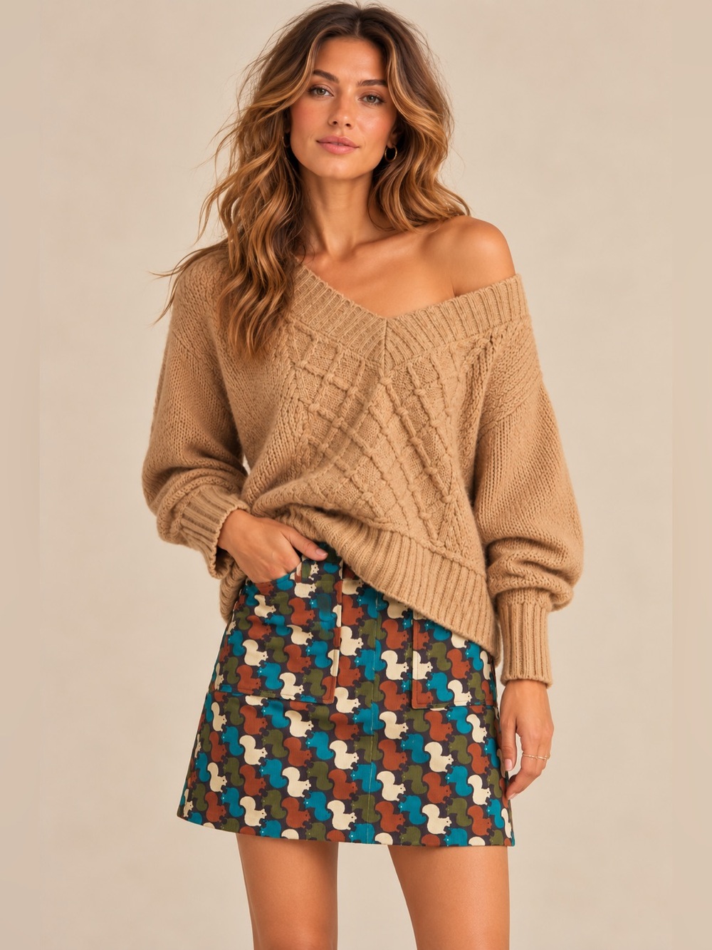 Cozy Camel Cable Knit V-Neck Sweater